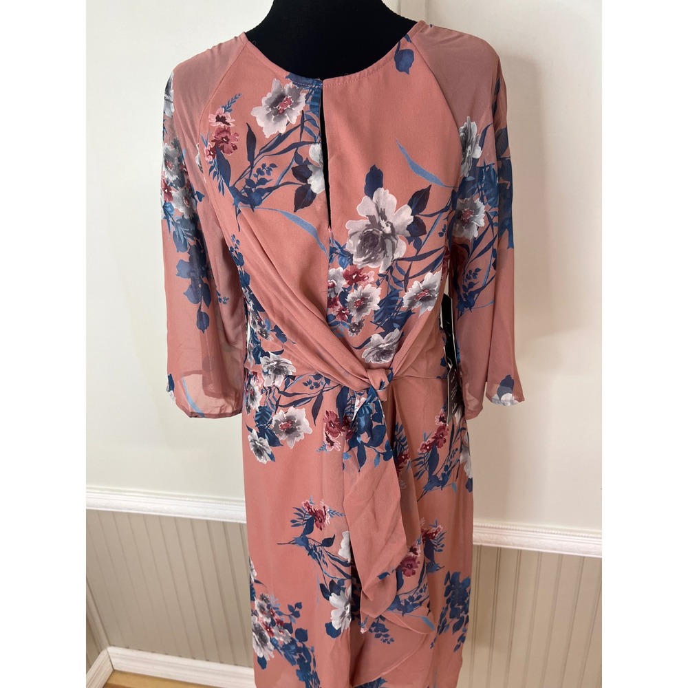 Lulus Dusty Rose Floral Faux Wrap Midi Dress Tie Front Keyhole Small NEW - Picture 5 of 12
